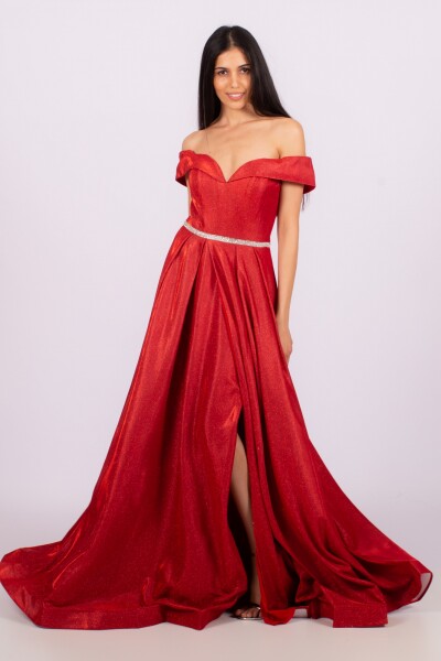 Vestido lurex con cinto Rojo