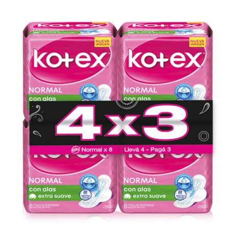 Pack 4x3 Toalla Femenina KOTEX Normal con Alas x8 Unidades c/u Pack 4x3 Toalla Femenina KOTEX Normal con Alas x8 Unidades c/u