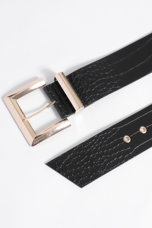 Cinturon croco con hebilla cuadrada negro