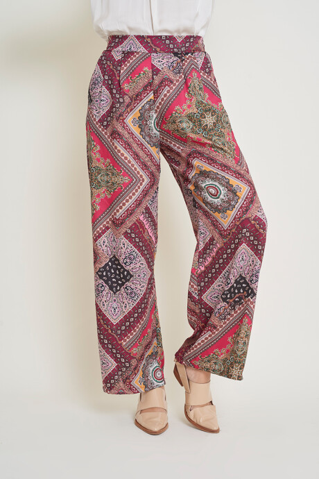 Pantalón en seda patchwork Fucsia