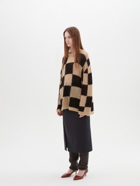 Chessboard check knit top BEIGE