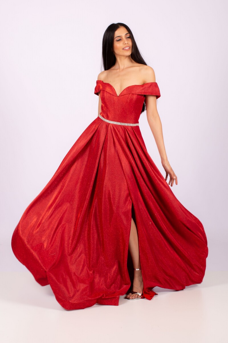 Vestido lurex con cinto Rojo