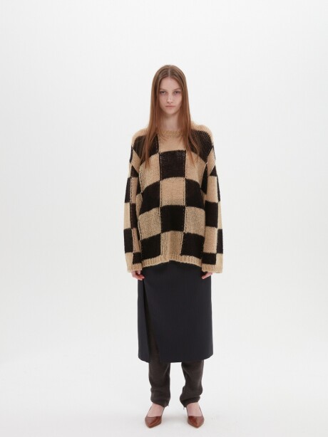 Chessboard check knit top BEIGE