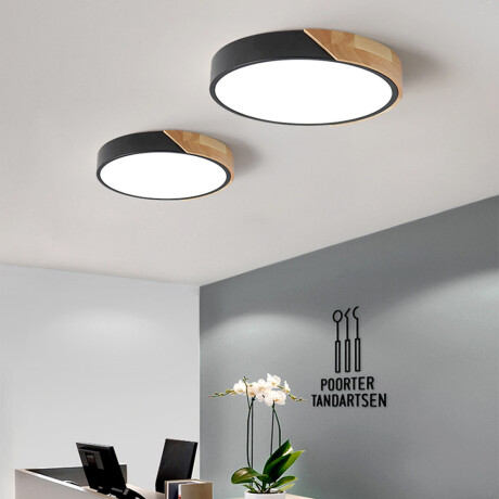 Plafón LED de diseño circular en madera y aluminio Negro mate 20w Luz cálida