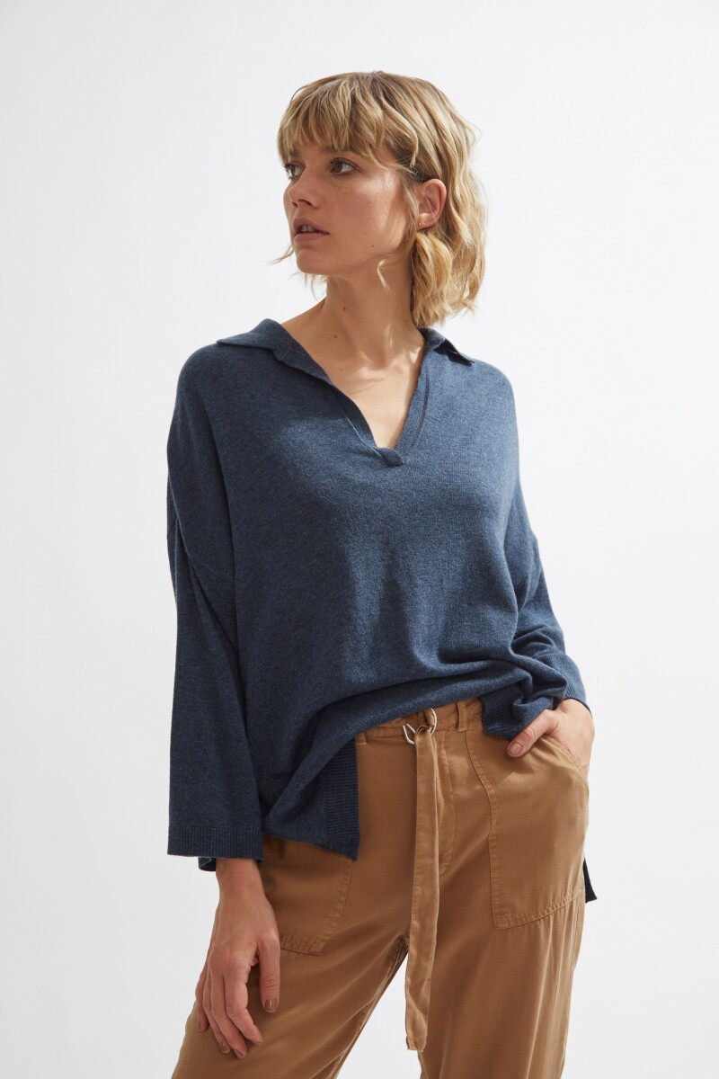 Sweater cuello polo - azul piedra melange 