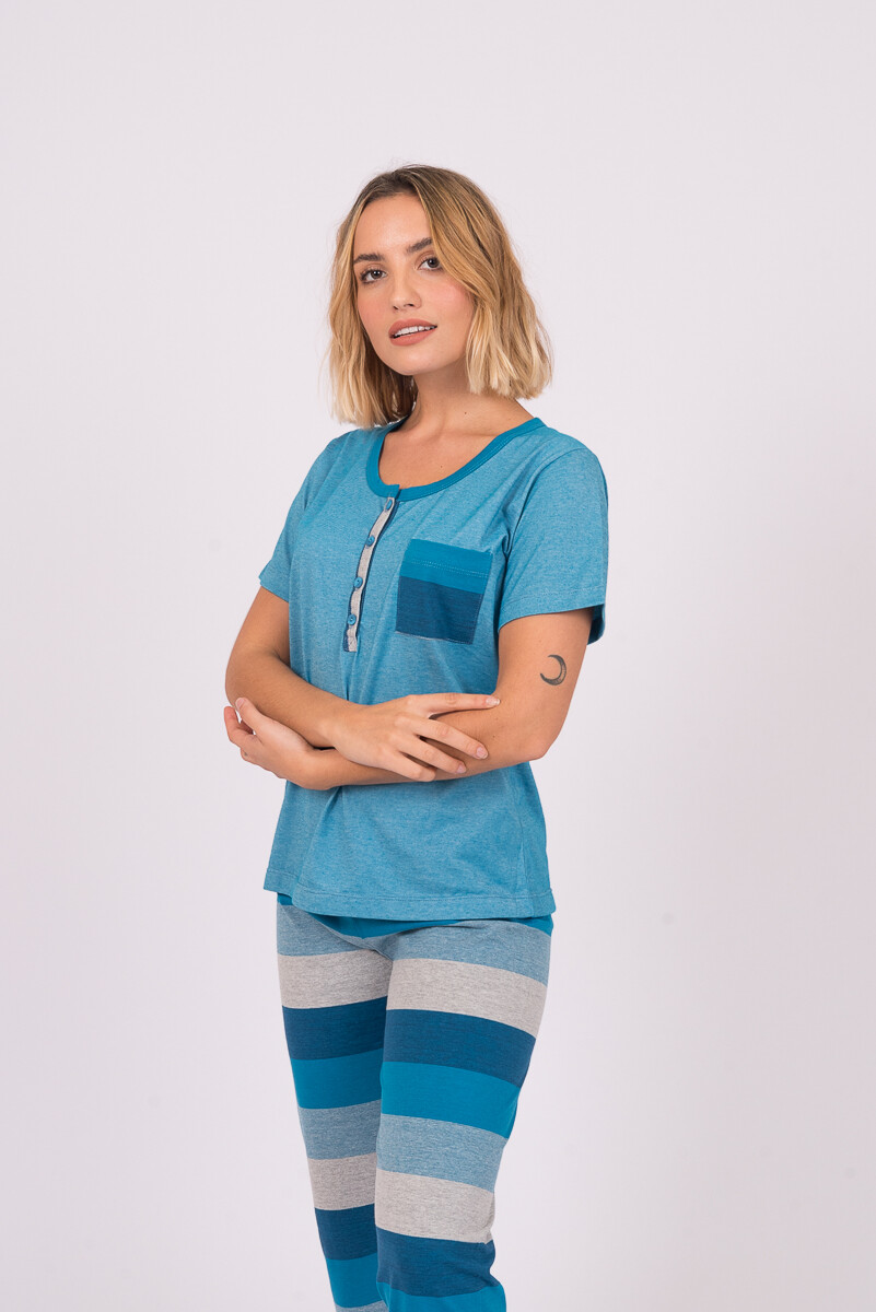 Pijama Manga Corta Capri - Rayado Azul 